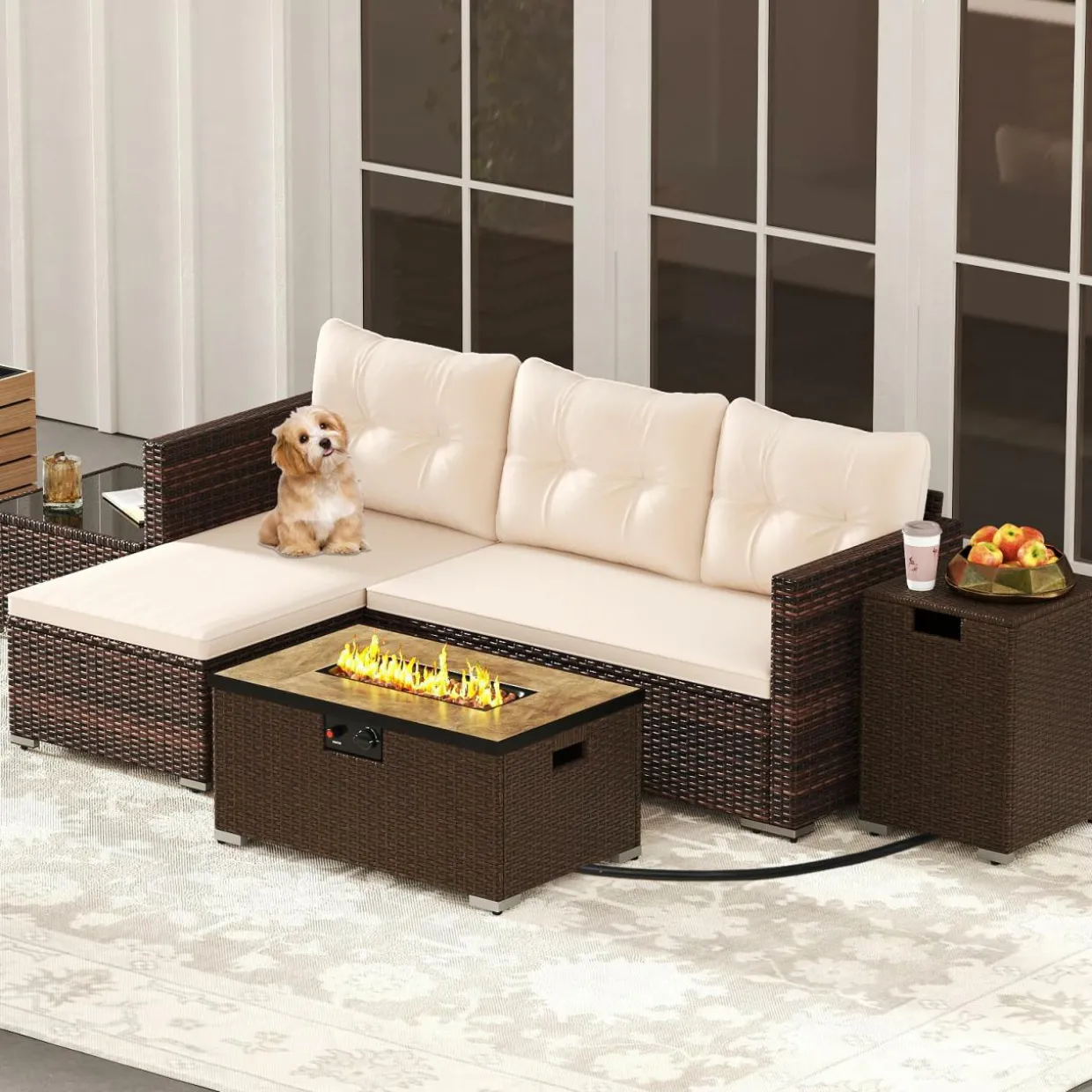 Tangkula 4 Pieces Patio Furniture Set with 32” Fire Pit Table and Propane Tank Cover