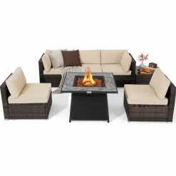 Tangkula 7 Pieces Patio Furniture Set with 35” 50000 BTU Propane Gas Fire Pit Table & Waterproof Cover for Firpit