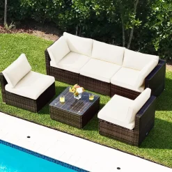 Tangkula 6 Pieces Patio Furniture Set, Outdoor Wicker Conversation Set with Glass Coffee Table