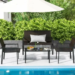 Tangkula 4 Pieces Patio Furniture Set, Patiojoy Heavy Duty Galvanized Metal Frame Outdoor Wicker Table and Chairs Set