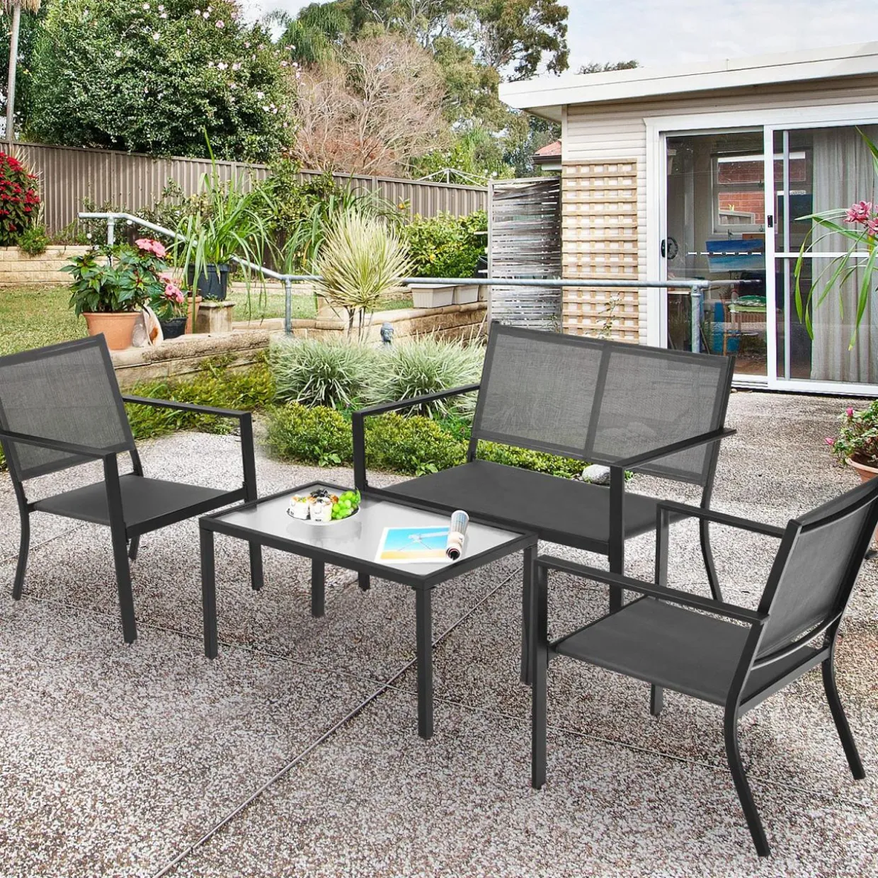 Tangkula 4 Pieces Patio Furniture Set, Outdoor Sectional Conversation Set