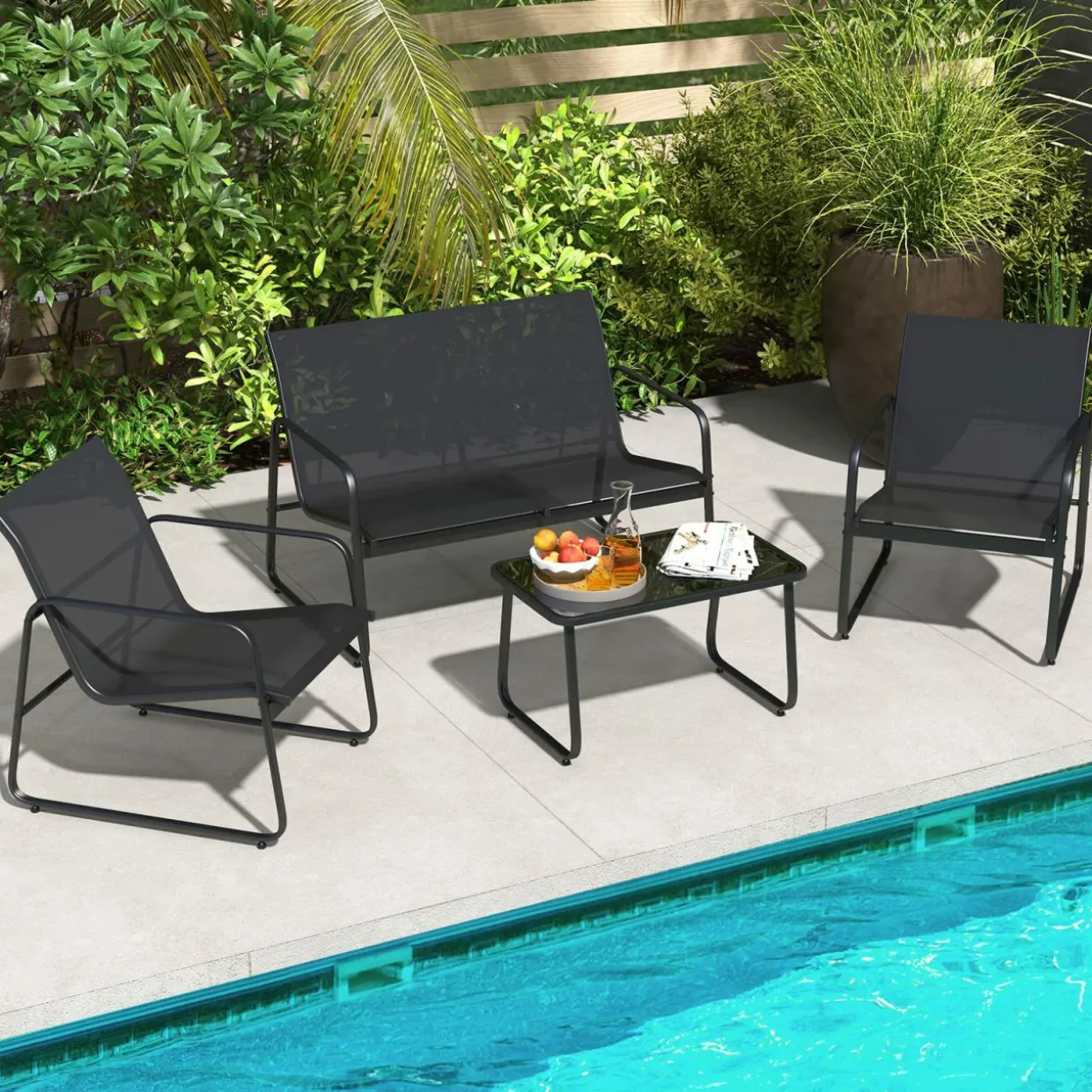 Tangkula 4 Pieces Patio Furniture Set, Outdoor Conversation Set with Tempered Glass Coffee Table