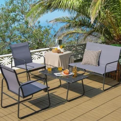 Tangkula 4 Pieces Patio Furniture Set with Tempered Glass Coffee Table (Gray)