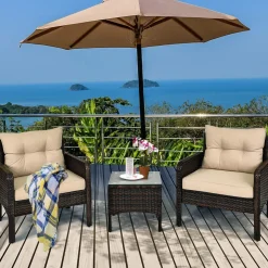 Tangkula 3 Pieces Patio Furniture Set Outdoor Rattan Wicker Coffee Table & Chairs Set with Seat Cushions