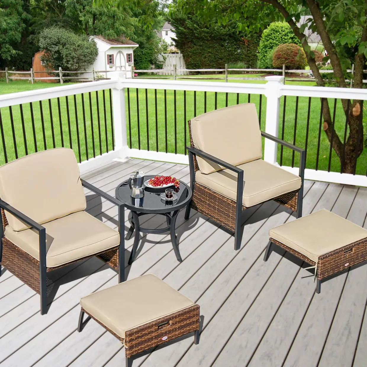 Tangkula 5 Pieces Patio Furniture Set, Space Saving All Weather PE Wicker Chairs and Table Set with Soft Cushions