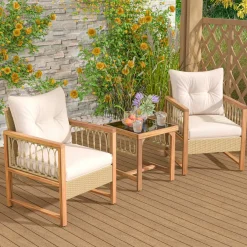 Tangkula 3 Pieces Patio Furniture Set, Outdoor PE Wicker Conversation Bistro Set with Acacia Wood Frame