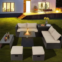 Tangkula 9 Pieces Patio Furniture Set with 30" Propane Fire Pit Table