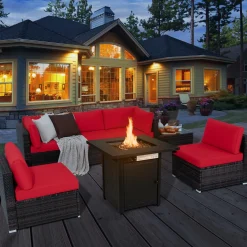 Tangkula 7 Pieces Patio Furniture Set with 28" 50000 BTU Propane Gas Fire Pit Table