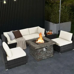 Tangkula 7 Pieces Patio Furniture Set with 50,000 BTU Fire Pit Table, Outdoor PE Wicker Conversation Sofa Set with Cushions