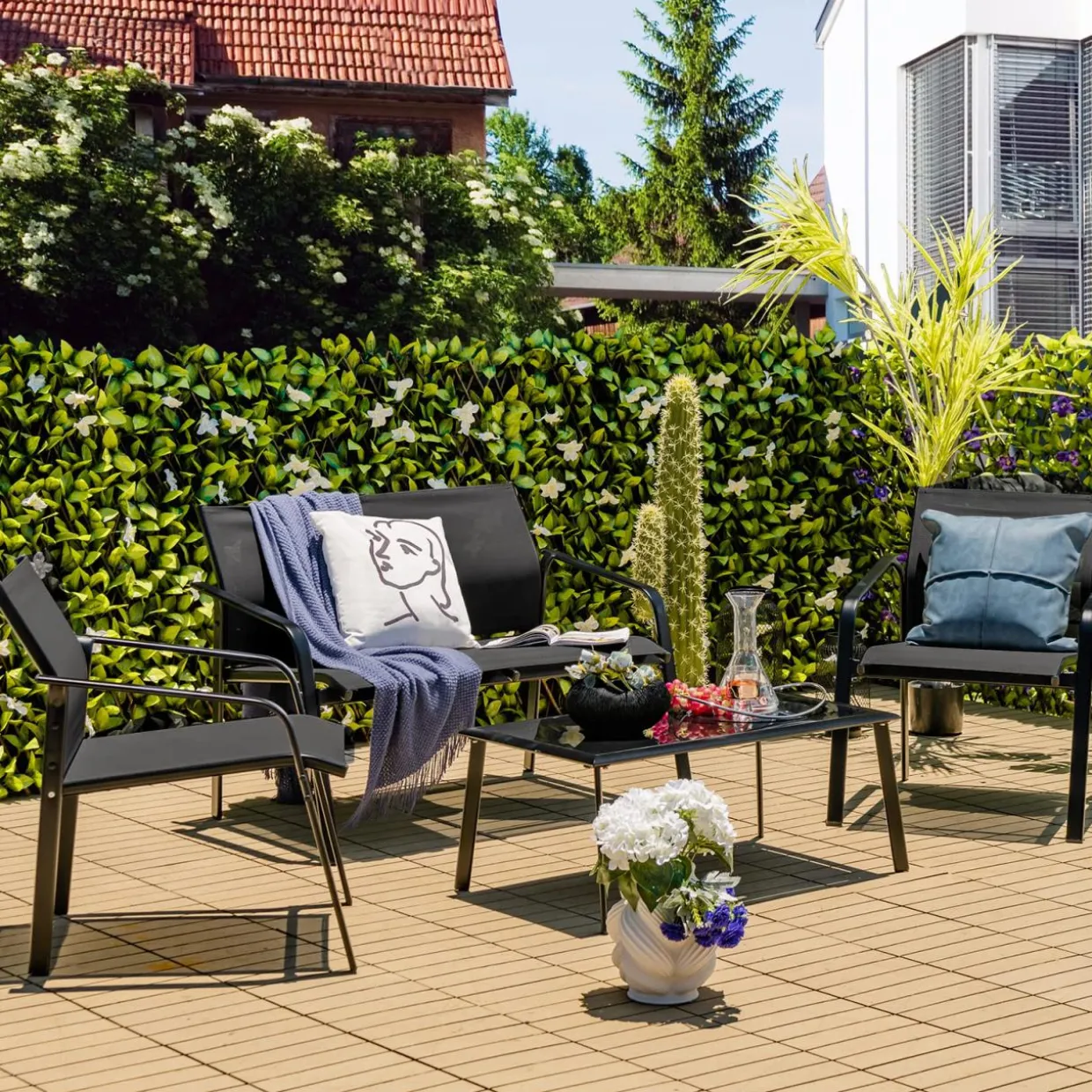 Tangkula 4 Pieces Patio Furniture Set, Outdoor Conversation Set with Tempered Glass Coffee Table
