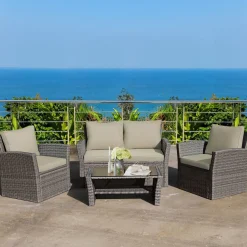 Tangkula 4 Pieces Patio Furniture Set, Outdoor Conversation Set with Cushions and Coffee Table