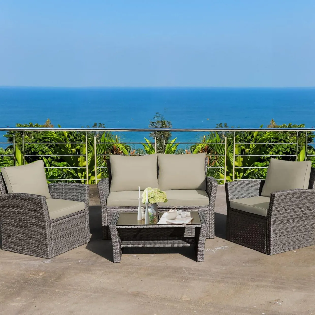 Tangkula 4 Pieces Patio Furniture Set, Outdoor Conversation Set with Cushions and Coffee Table