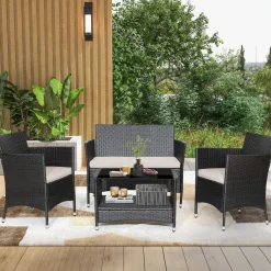 Tangkula 4 Pieces Patio Furniture Set, Patiojoy Outdoor PE Wicker Conversation Set with Soft Cushions and Tempered Glass Tabletop
