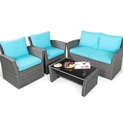 Tangkula 4 Pieces Patio Furniture Set, All Weather Outdoor Sectional Rattan Sofa Set