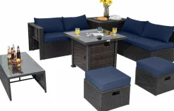 Tangkula 9 Pieces Patio Furniture Set with 32” Fire Pit Table, 50,000 BTU Square Propane Fire Pit