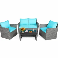 Tangkula 4 Pieces Patio Furniture Set, Outdoor Conversation Set with Cushions and Coffee Table