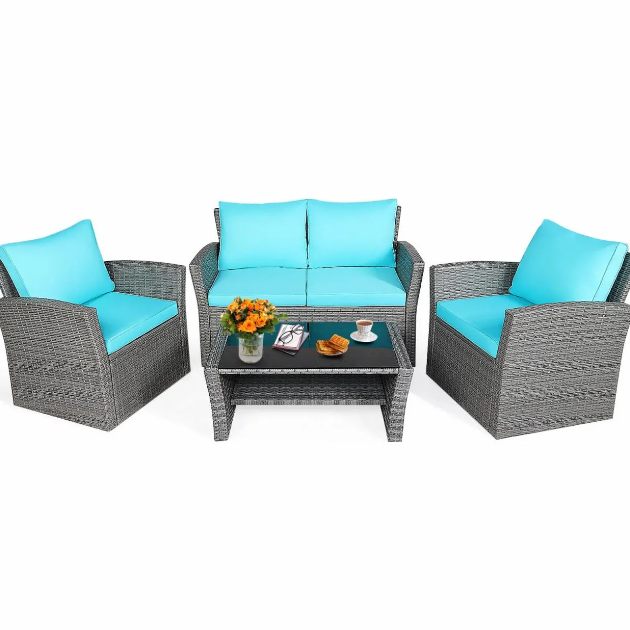 Tangkula 4 Pieces Patio Furniture Set, Outdoor Conversation Set with Cushions and Coffee Table