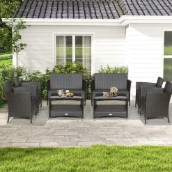 Tangkula 4 Pieces Patio Furniture Set, Patiojoy Outdoor PE Wicker Conversation Set with Soft Cushions and Tempered Glass Tabletop