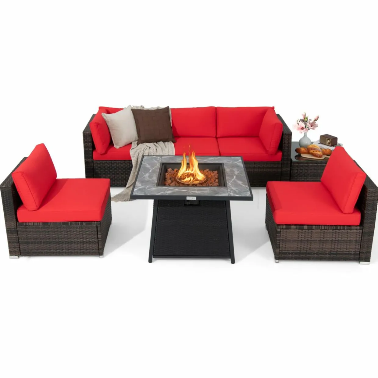 Tangkula 7 Pieces Patio Furniture Set with 35” 50000 BTU Propane Gas Fire Pit Table & Waterproof Cover for Firpit