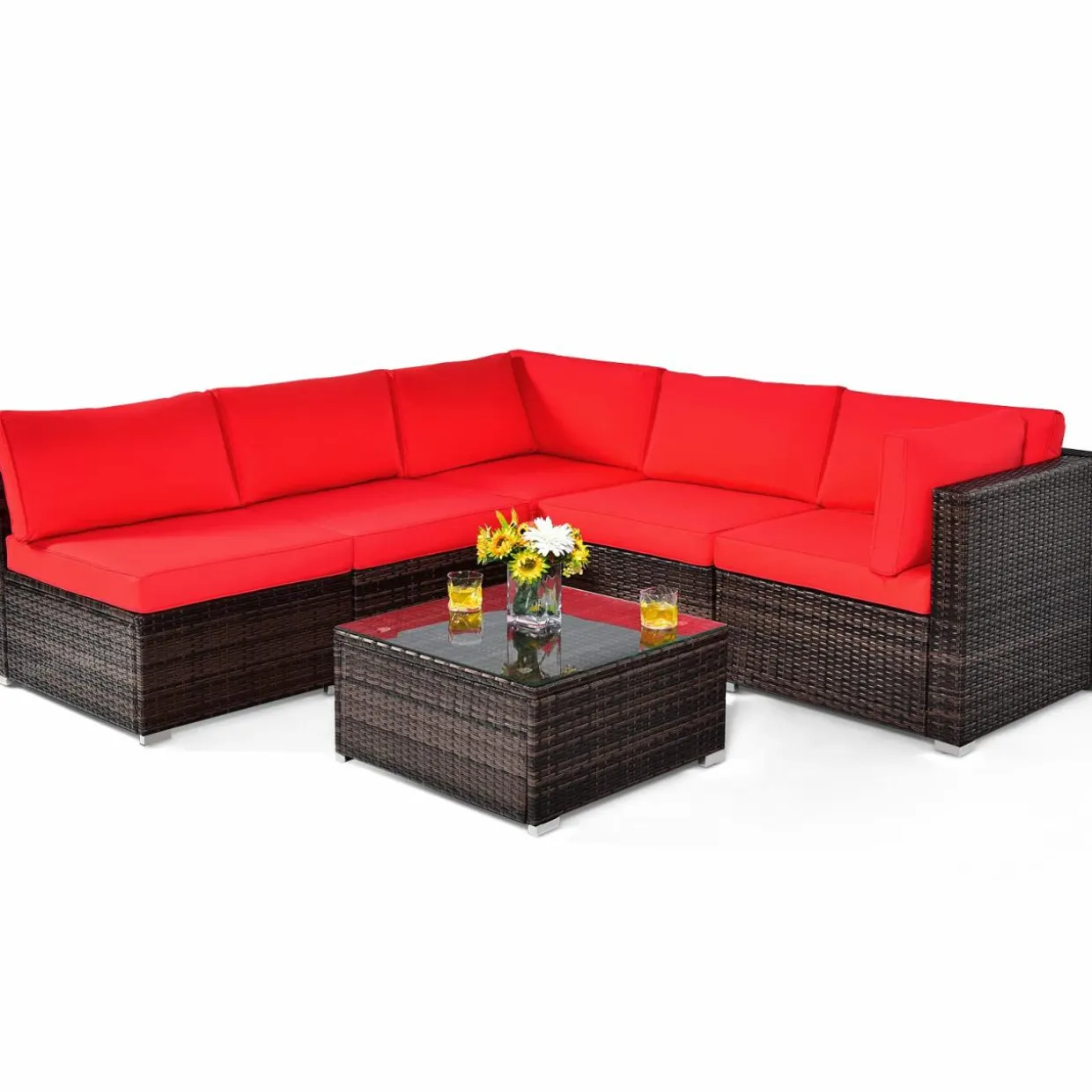 Tangkula 6 Pieces Patio Furniture Set, Outdoor Wicker Conversation Set with Glass Coffee Table
