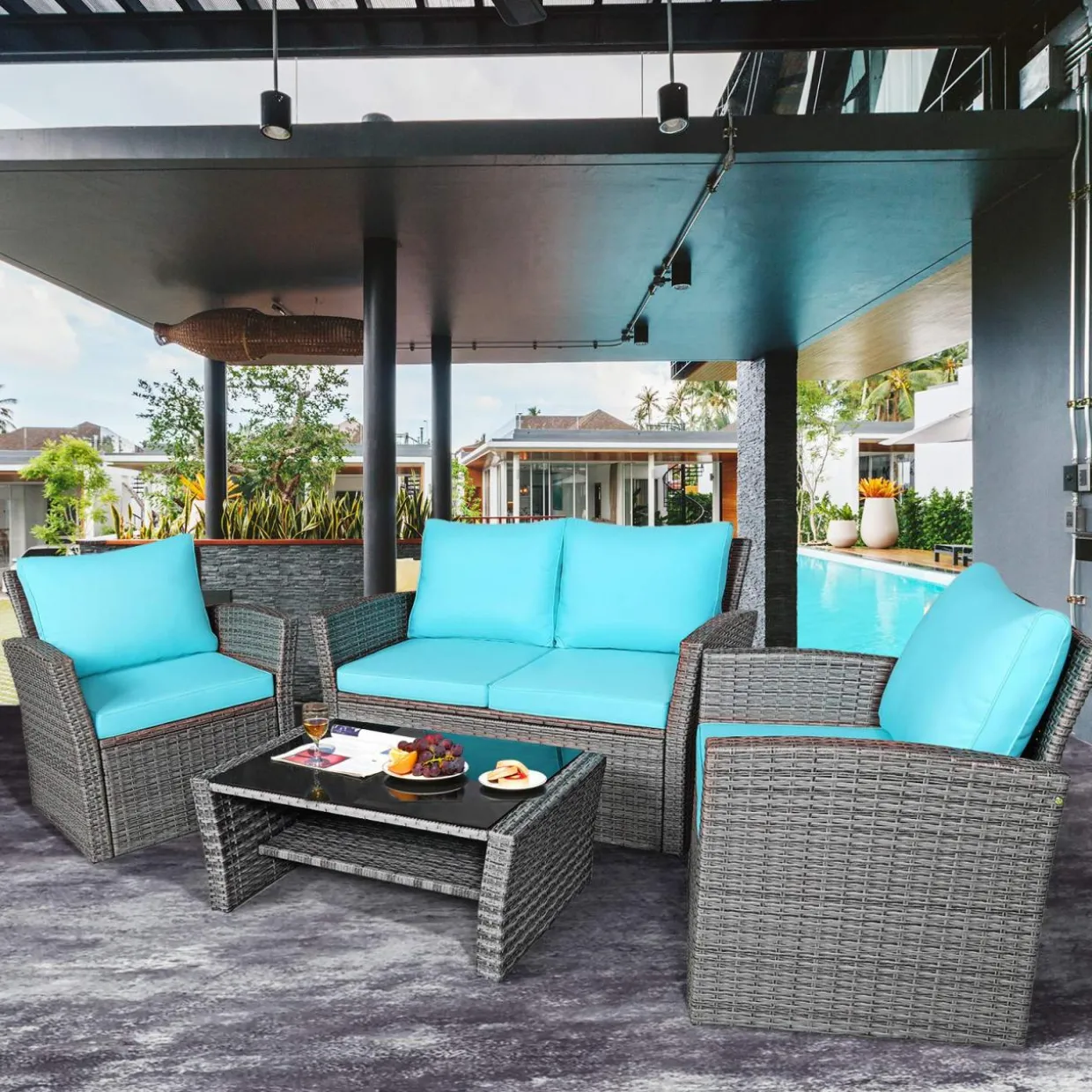 Tangkula 4 Pieces Patio Furniture Set, Outdoor Conversation Set with Cushions and Coffee Table