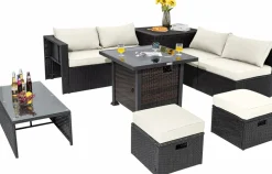 Tangkula 9 Pieces Patio Furniture Set with 32” Fire Pit Table, 50,000 BTU Square Propane Fire Pit