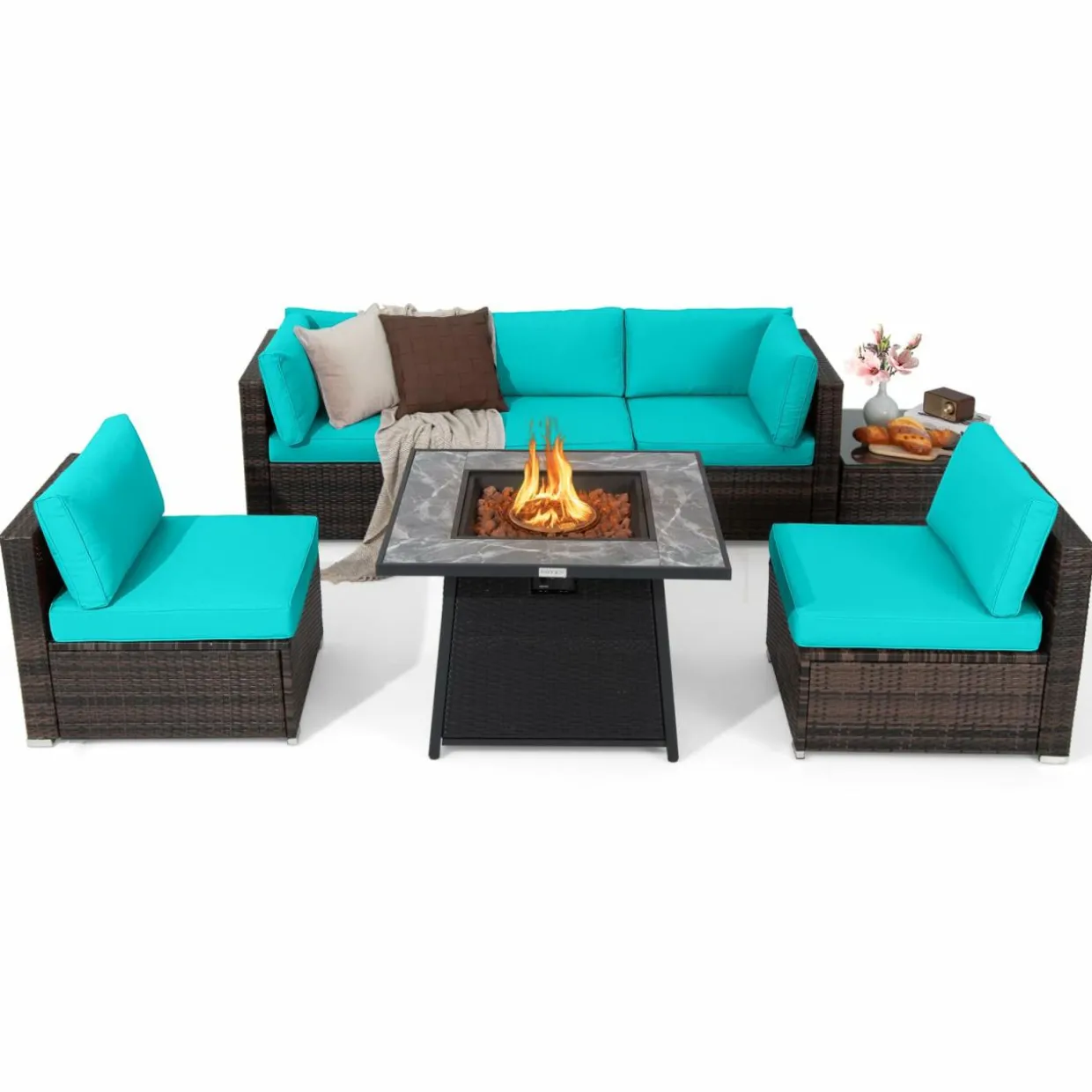 Tangkula 7 Pieces Patio Furniture Set with 35” 50000 BTU Propane Gas Fire Pit Table & Waterproof Cover for Firpit