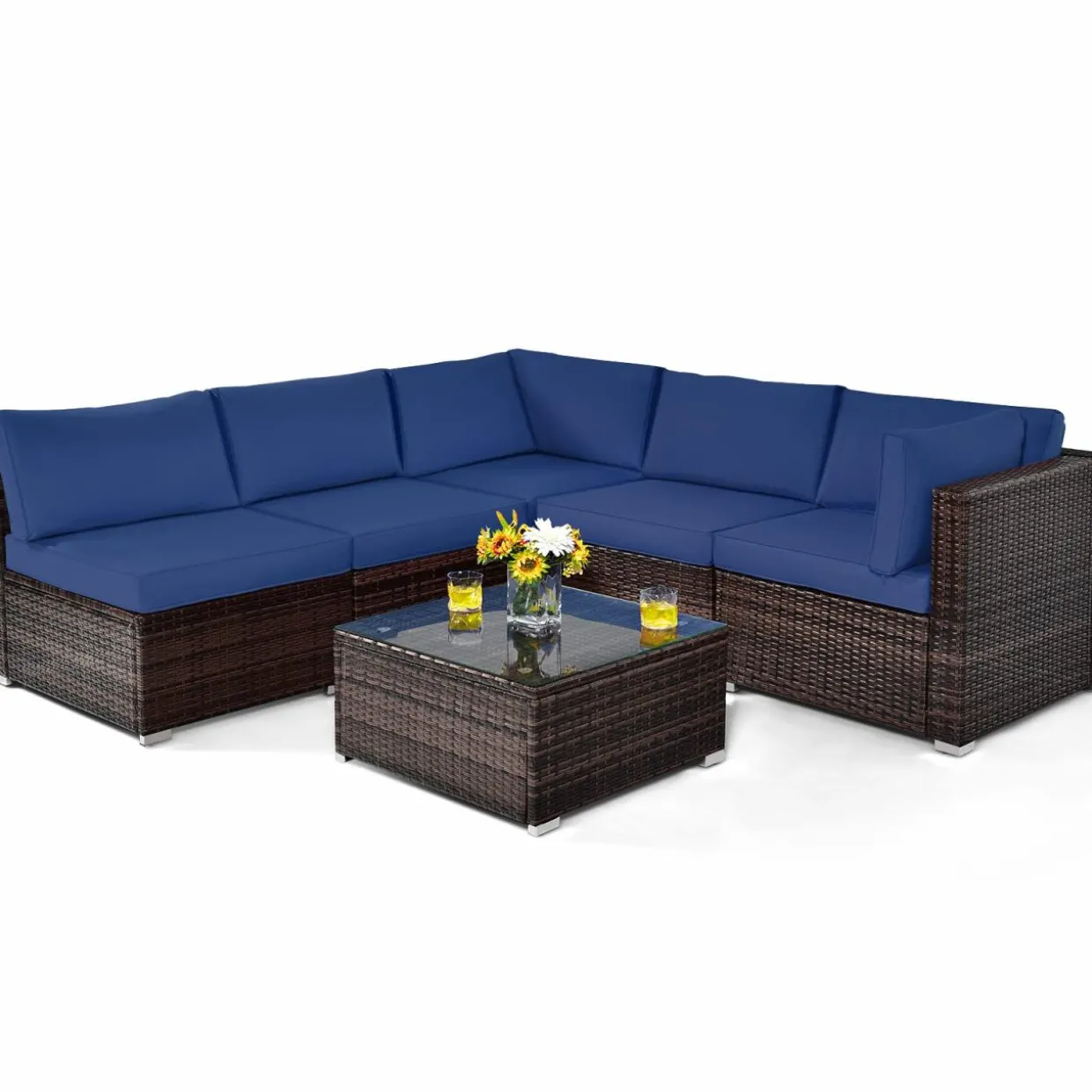 Tangkula 6 Pieces Patio Furniture Set, Outdoor Wicker Conversation Set with Glass Coffee Table