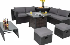 Tangkula 9 Pieces Patio Furniture Set with 32” Fire Pit Table, 50,000 BTU Square Propane Fire Pit