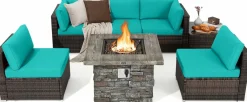 Tangkula 7 Pieces Patio Furniture Set with 50,000 BTU Fire Pit Table, Outdoor PE Wicker Conversation Sofa Set with Cushions