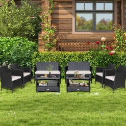 Tangkula 4 Pieces Patio Furniture Set, Patiojoy Outdoor PE Wicker Conversation Set with Soft Cushions and Tempered Glass Tabletop