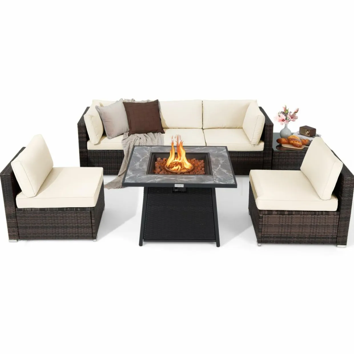 Tangkula 7 Pieces Patio Furniture Set with 35” 50000 BTU Propane Gas Fire Pit Table & Waterproof Cover for Firpit