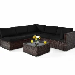Tangkula 6 Pieces Patio Furniture Set, Outdoor Wicker Conversation Set with Glass Coffee Table