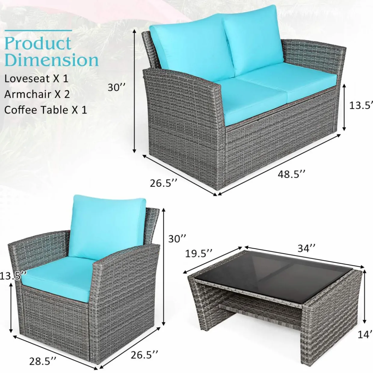 Tangkula 4 Pieces Patio Furniture Set, Outdoor Conversation Set with Cushions and Coffee Table