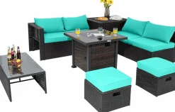 Tangkula 9 Pieces Patio Furniture Set with 32” Fire Pit Table, 50,000 BTU Square Propane Fire Pit