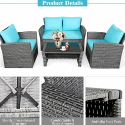Tangkula 4 Pieces Patio Furniture Set, Outdoor Conversation Set with Cushions and Coffee Table
