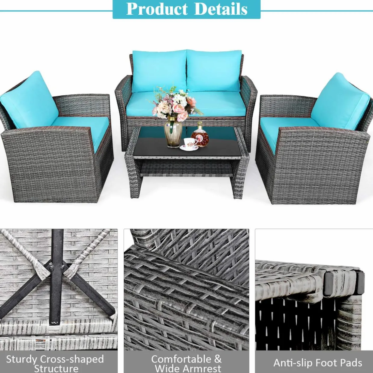 Tangkula 4 Pieces Patio Furniture Set, Outdoor Conversation Set with Cushions and Coffee Table