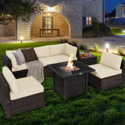Tangkula 7 Pieces Patio Furniture Set with Fire Pit Table