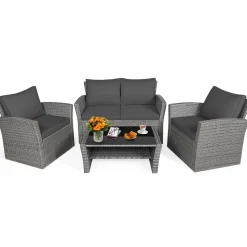 Tangkula 4 Pieces Patio Furniture Set, Outdoor Conversation Set with Cushions and Coffee Table