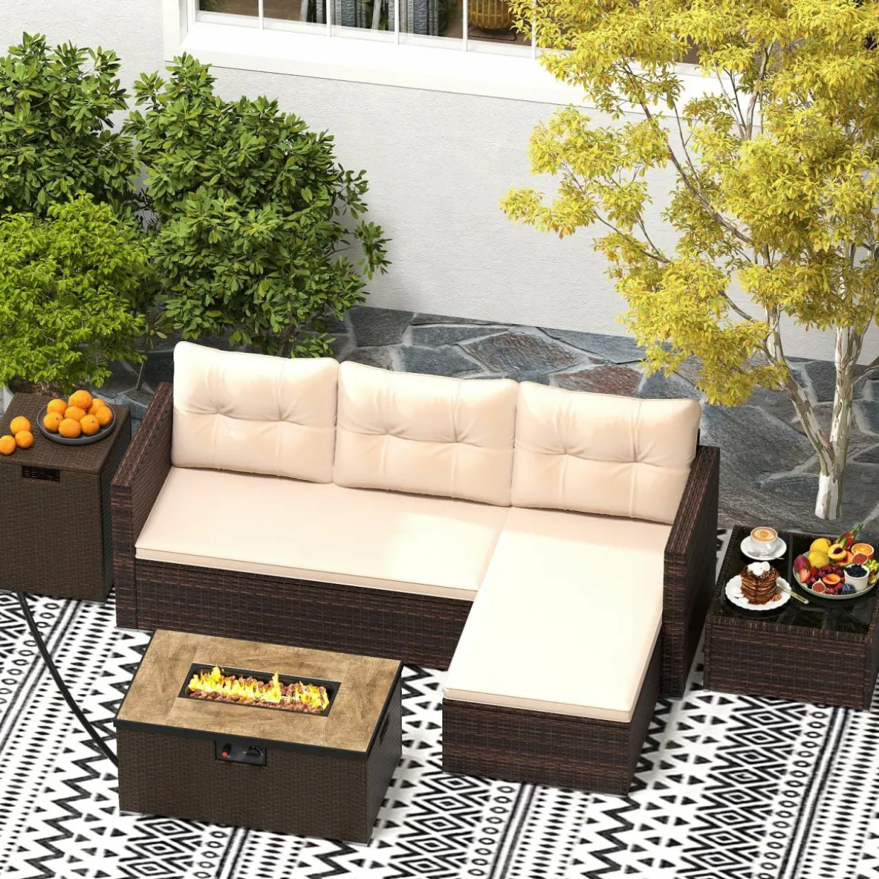Tangkula 4 Pieces Patio Furniture Set with 32” Fire Pit Table and Propane Tank Cover