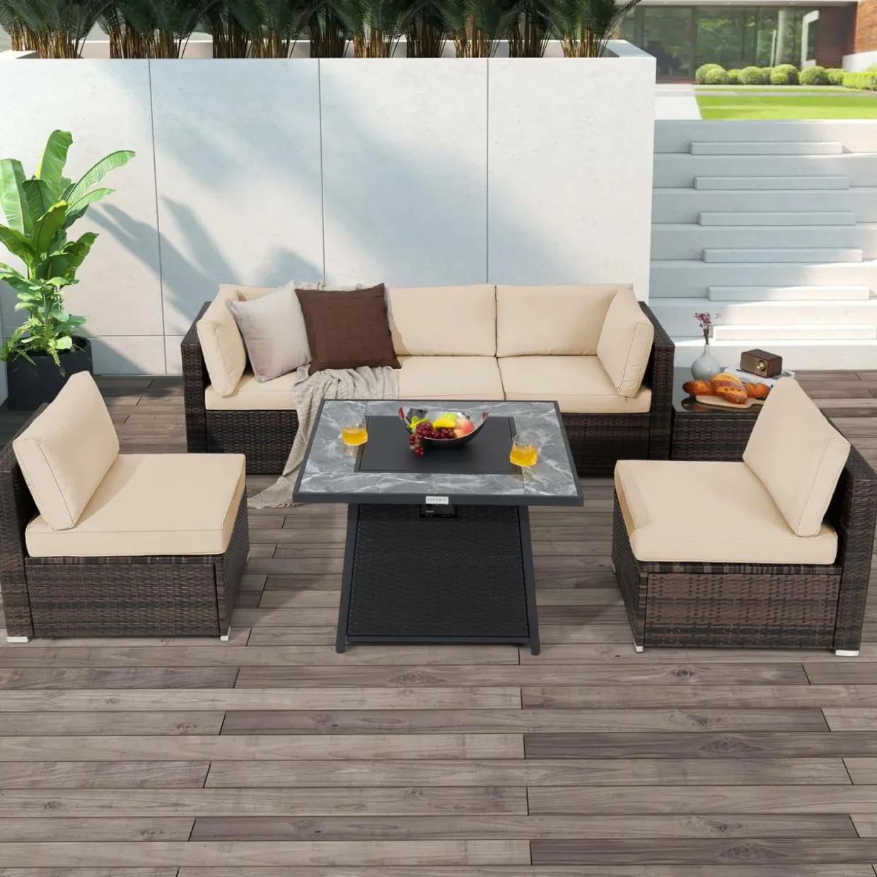 Tangkula 7 Pieces Patio Furniture Set with 35” 50000 BTU Propane Gas Fire Pit Table & Waterproof Cover for Firpit