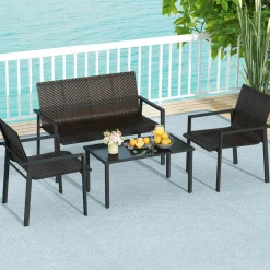 Tangkula 8 Pieces Patio Furniture Set, Patiojoy Heavy Duty Galvanized Metal Frame Outdoor Wicker Table and Chairs Set