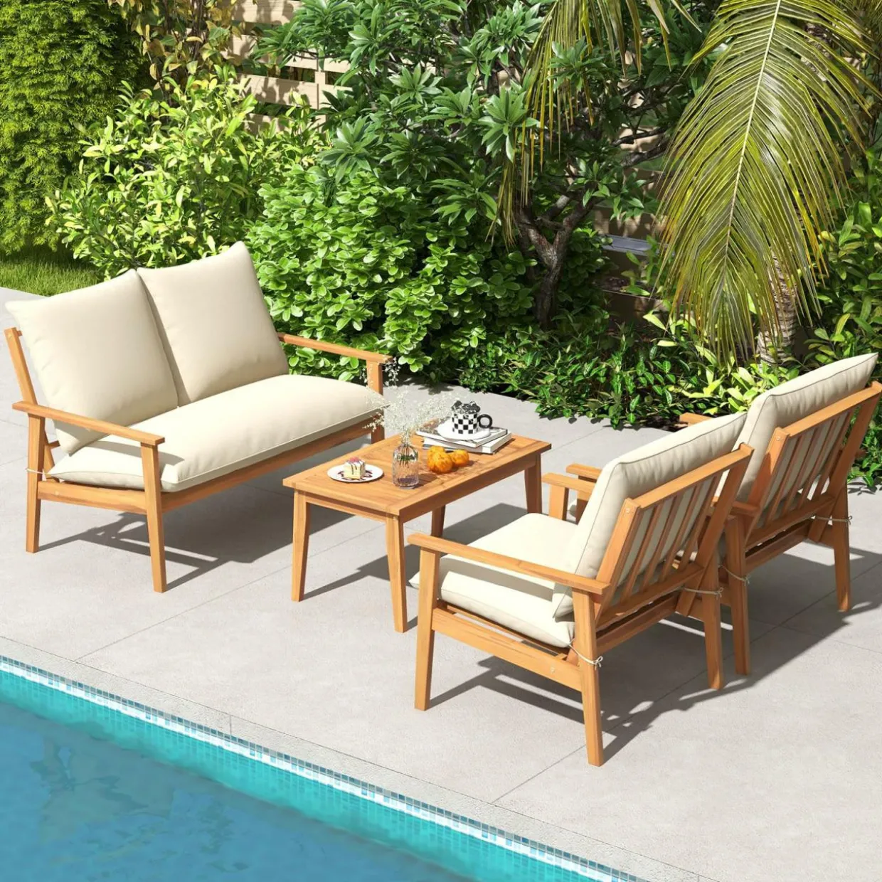 Tangkula 4 Pieces Patio Furniture Set, Outdoor Acacia Wood Conversation Set with Soft Cushions and Coffee Table