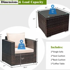 Tangkula 3 Pieces Patio Furniture Set, Outdoor Conversation Rattan Furniture Set