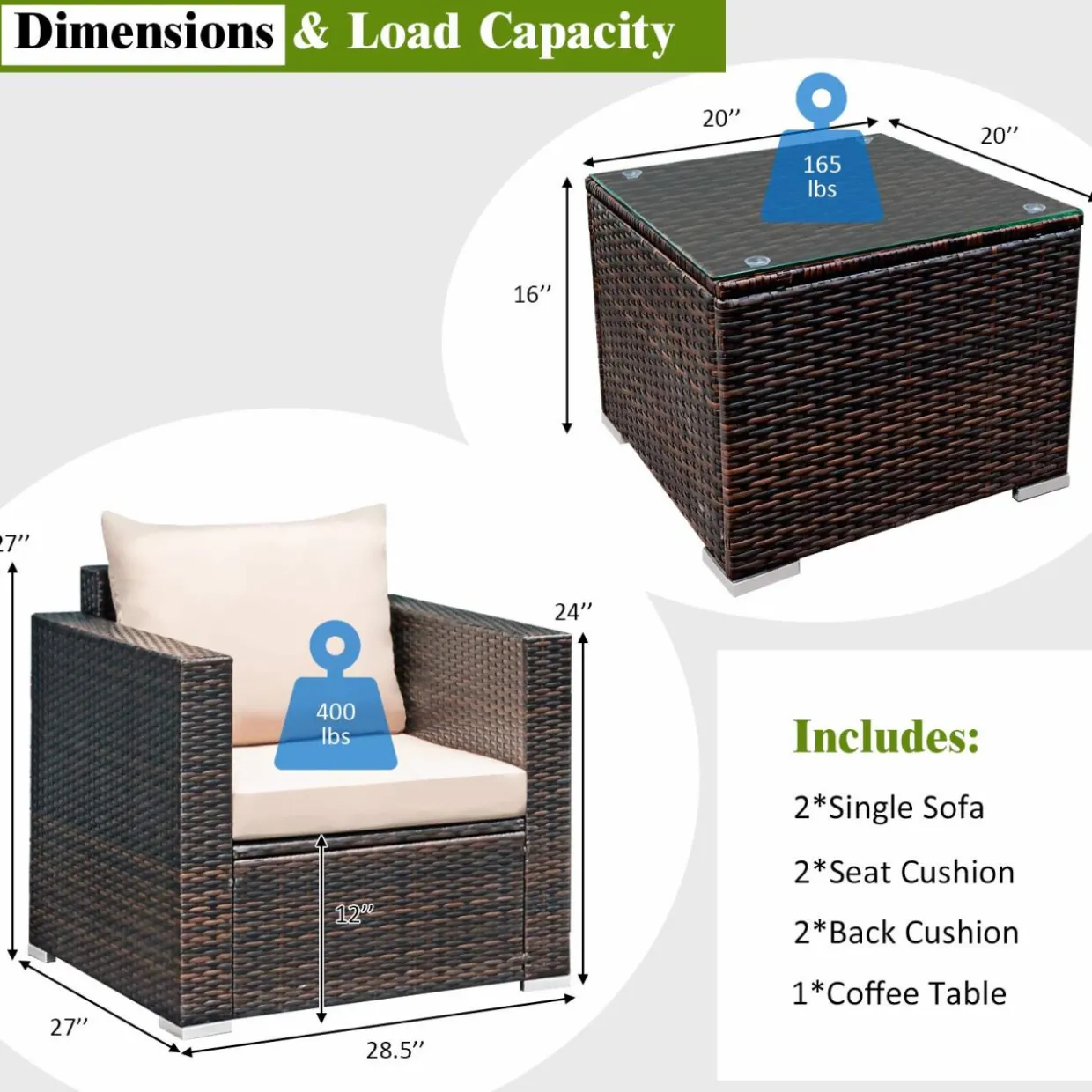 Tangkula 3 Pieces Patio Furniture Set, Outdoor Conversation Rattan Furniture Set