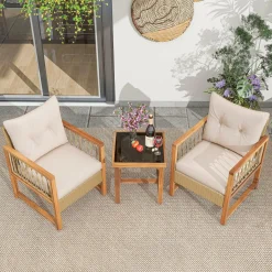 Tangkula 3 Pieces Patio Furniture Set, Outdoor PE Wicker Conversation Bistro Set with Acacia Wood Frame