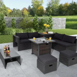 Tangkula 9 Pieces Patio Furniture Set with 32” Fire Pit Table, 50,000 BTU Square Propane Fire Pit