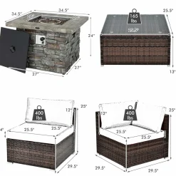 Tangkula 7 Pieces Patio Furniture Set with 50,000 BTU Fire Pit Table, Outdoor PE Wicker Conversation Sofa Set with Cushions
