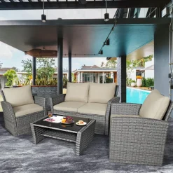 Tangkula 4 Pieces Patio Furniture Set, Outdoor Conversation Set with Cushions and Coffee Table