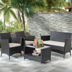 Tangkula 4 Pieces Patio Furniture Set, Patiojoy Outdoor PE Wicker Conversation Set with Soft Cushions and Tempered Glass Tabletop